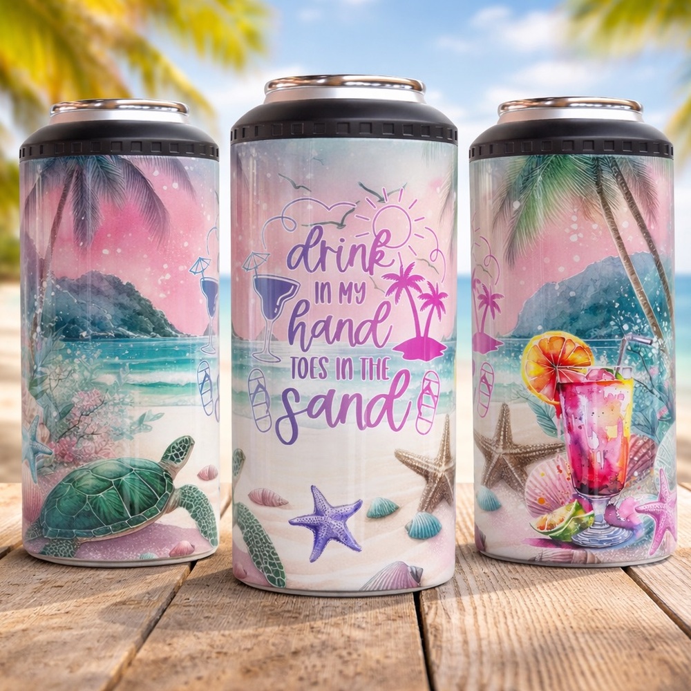 Tropical Beach 12oz Can Cooler Drink in My Hand Toes in the Sand